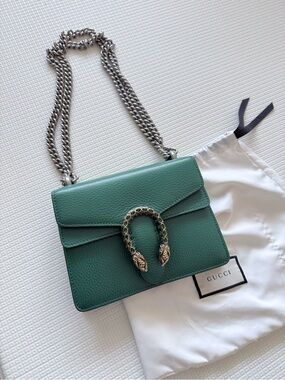 Gucci Green Leather Dionysus Small Shoulder Bag with Silver Chain
